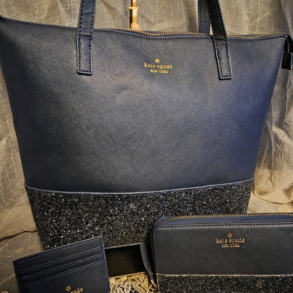 Kate Spade Navy Glitter Tote Set | Matching Wallet & Card Holder | 3-Piece